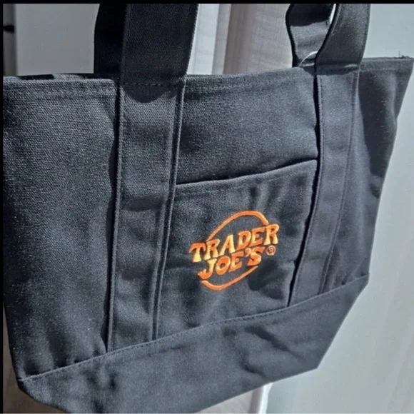 New W/Tag TRADER JOES Canvas Tote Bag Trader Joes TOTE BAG black W/ Embroidery - Picture 2 of 2